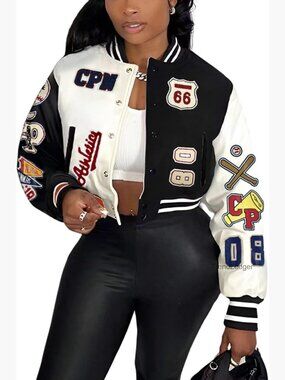 Cropped Bomber Varsity Jacket with Patches Print Faux Leather Street Style S-XXL